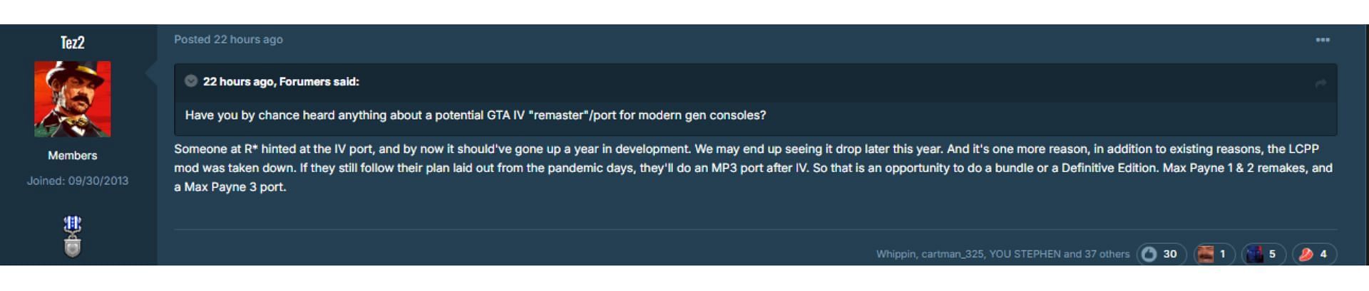 A screenshot of the Tez2's comment on a possible GTA 4 Remastered Edition (Image via GTAForums)